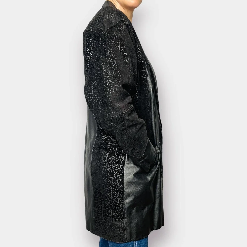 80s Comint Leather and Textured Suede Black Mid Length Coat‎